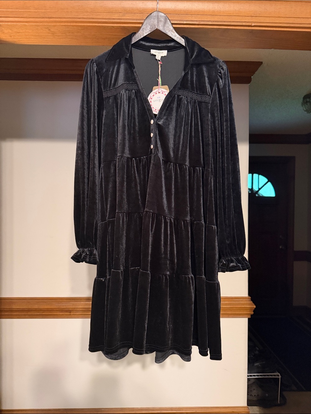 Umgee Black Velvet Button-Front Tiered Dress